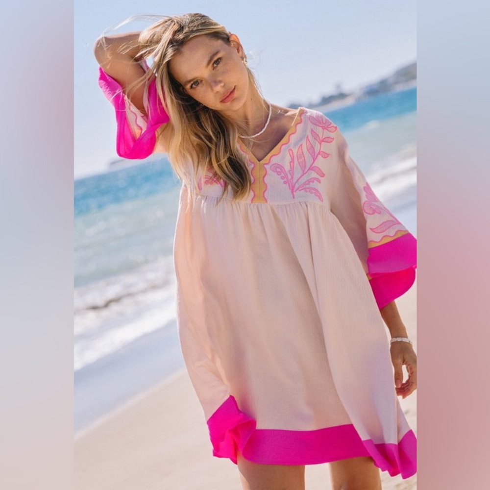 Neon Pink Beige floral Embroidered V neck boho bohemian casual chic dress - Picture 3 of 3